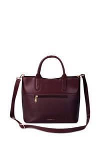 Burgunderfarbene Lederhandtasche mit doppelten Griffen, abnehmbaren Schulterriemen, vorderer Reißverschlusstasche und goldfarbener Hardware. Glatte Textur und strukturiertes Design.