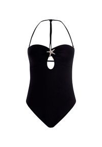 Black one-piece swimsuit with a sweetheart neckline, featuring a starfish accent at the center and a cutout below, adjustable straps.