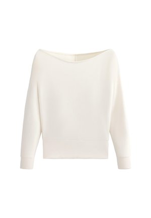 Felpa a maniche lunghe color avorio con ampio scollo a barca e polsini aderenti, esposta su uno sfondo bianco semplice.