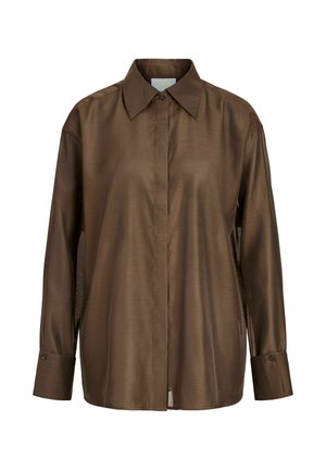 Blouse marron à manches longues avec col, patte de boutonnage cachée et poignets boutonnés, en tissu lisse légèrement brillant.