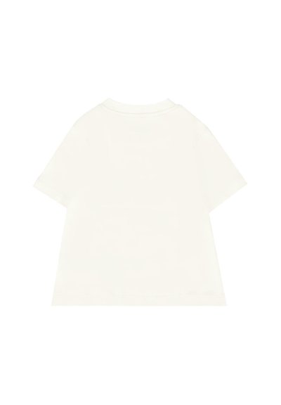 Maglietta bianca a maniche corte per bambini vista da dietro, con collo rotondo, su sfondo bianco.