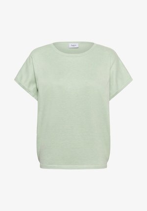 Krátky rukáv, svetlozelený pletený top s okrúhlym výstrihom a voľným strihom, s nápisom "Saint" vo vnútri goliera.