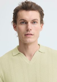 Jonge man met lichtbruin haar en blauwe ogen, gekleed in een lichtgroen gebreid shirt met kraag, met een neutrale uitdrukking en recht vooruit kijkend.