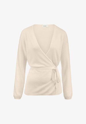 Cream-colored long-sleeve wrap sweater with V-neck and side tie belt, featuring ribbed cuffs and hem.