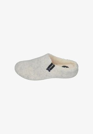 White felt slip-on slipper with a soft, fleece-lined interior, rounded shape, and textured rubber sole. Features a black logo tag.