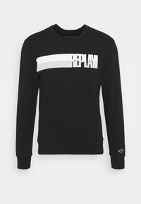 Sudadera negra de algodón, con un diseño de rayas horizontales blancas y el texto "REPLAY". Cuello redondo y puños acanalados.