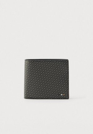 Black bi-fold wallet featuring a textured pattern, smooth edges, small metal accents, and a compact rectangular shape.