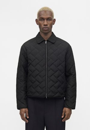 Muž s krátkymi blond vlasmi, ktorý nosí čiernu prešívanú bundu so zipsom a tmavé nohavice, stojaci na jednofarebnom svetlom pozadí.