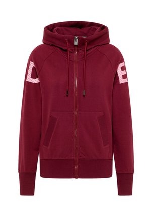 Bordeauxroter Kapuzenpullover mit Reißverschluss, Kordelzugkapuze, seitlichen Taschen, gerippten Bündchen und rosa gemusterten Akzenten an den Ärmeln.