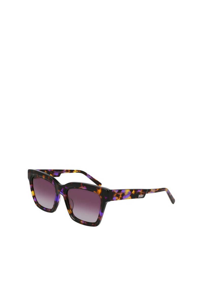 Lunettes de soleil de forme carrée, en plastique noir, avec un motif écaille coloré en violet, orange et jaune. Verres dégradés gris.
