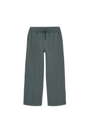 Graue weit geschnittene Sweatpants mit elastischem Bund, Kordelzug und Seitentaschen. Glatte Textur mit sichtbaren Nähdetails.