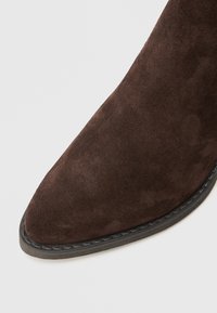 Brūna zamšādas potīšu zābaki ar smailu purngalu, teksturētu virsmu un melnu gumijas zolīti. Apakšdaļā ierāmēti ar šuvju detaļām.