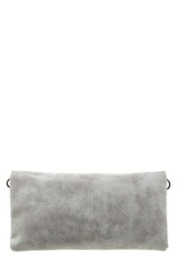 Gray leather clutch with a smooth, matte texture. Rectangular shape featuring rounded edges and circular hardware accents on the sides.