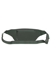 Marsupio verde realizzato in tessuto resistente. Dotato di una tasca frontale con zip, cintura regolabile e un design elegante e minimalista.