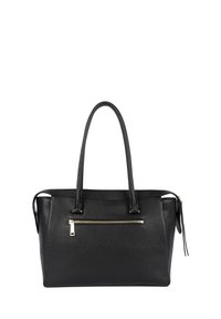 Zwarte leren boodschappentas met een korrelige textuur, twee lange handgrepen en een voorvak met rits en gouden hardware-accenten.