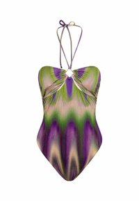 Costume da bagno intero con collo a halter, dotato di chiusura con laccetto, in una fantasia a gradiente viola e verde. Texture morbida e forma aderente.