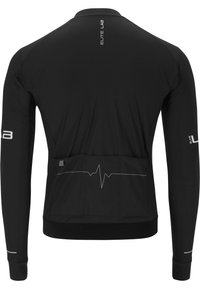 Zwarte lange mouwen sportjack met een gladde textuur, voorzien van een hartslaglijnontwerp op de rug en reflecterende accenten.