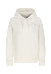 Witte hoodie van zacht materiaal, voorzien van een buidelzak, verstelbare koorden en een reliëftekstdetail op de borst.