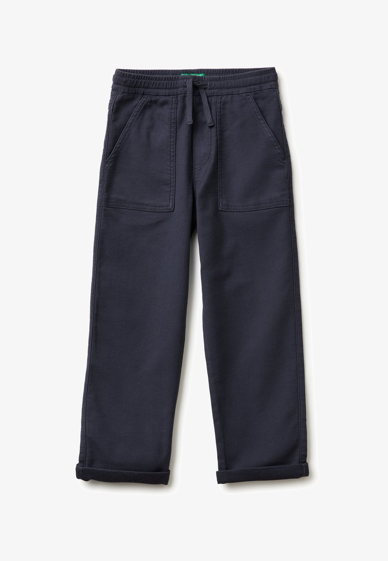 Marineblaue Sweatpants aus weichem Stoff, mit einem elastischen Bund und Kordelzug, gerollten Bündchen und zwei Vordertaschen.