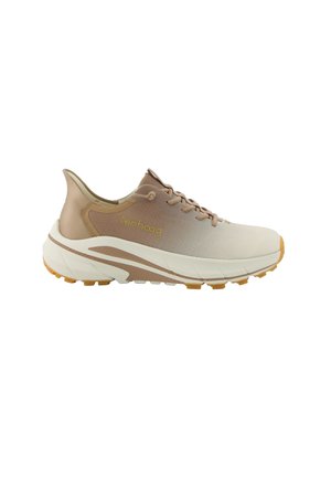Hellbrauner und beiger Sportschuh mit weißer Sohle, Schnürdesign und "tenhoog" Logo an der Seite, von der Außenseite gezeigt.