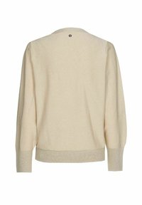 Beige trui met lange mouwen, een ronde hals en geribbelde boorden bij de mouwen en zoom, gezien vanaf de achterkant met een klein rond logo vlak bij de nek.