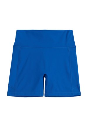 Svijetloplave sportske kratke hlače visokog struka s bočnim šavovima i uskim krojem, položene ravno na bijeloj pozadini.