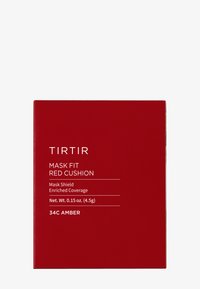 Röd fyrkantig förpackning för TIRTIR Mask Fit Red Cushion, med texten "Mask Shield", "Berikad täckning" och nettovikt 0,15 oz (4,5 g).
