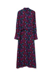 Robe à manches longues en tissu violet avec un motif paisley coloré comportant des détails rouges, bleus et verts. Fermeture à boutons sur le devant, coupe décontractée.