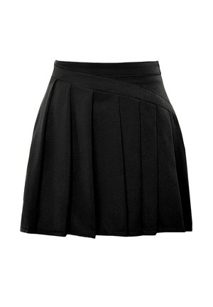 Sort plisseret mininederdel med asymmetrisk taljebåndsdetalje, lavet af glat stof, designet til afslappet eller formelt brug.