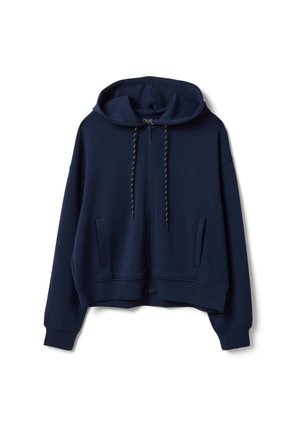 Sweat à capuche zippé bleu marine avec poches avant, capuche ajustable avec cordon et poignets côtelés, présenté sur fond blanc.