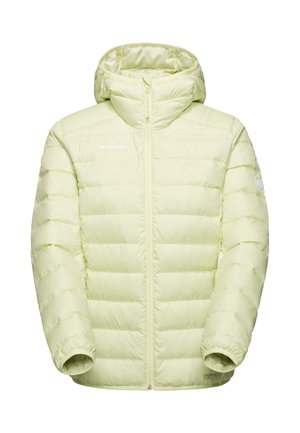 Lysgrøn isoleret pufferjakke med hætte, med lynlåslukning, quiltet mønster og elastisk manchetter. Logo på brystet og ærmet.