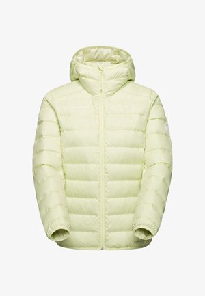 Lysgrøn isoleret pufferjakke med hætte, med lynlåslukning, quiltet mønster og elastisk manchetter. Logo på brystet og ærmet.