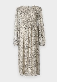 Langärmeliges Kleid in Creme mit schwarzem abstraktem Muster. Mit gerafftem Oberteil und fließendem Rock. Leichter, transparenter Stoff mit strukturierter Oberfläche.