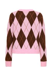 Gestrickter Pullover mit einem Rautenmuster in Rosa, Braun und Creme. Verfügt über einen Rundhalsausschnitt sowie gerippte Bündchen und Saum. Weiches, strukturiertes Material.