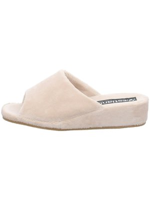 Beige Plüsch-Slipper zum Hineinschlüpfen mit offenem Zehendesign. Weicher Stoff, gepolsterte Zwischensohle und flache Gummisohle.