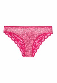 Roze kanten slipjes met een effen kleur en een wit stippenpatroon, gegolfde randen en een zachte, gestructureerde kantdetail aan de zijkanten.