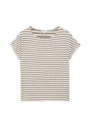 T-shirt beige et blanc à manches courtes avec rayures horizontales, col rond et coupe décontractée, présenté sur un fond blanc uni.