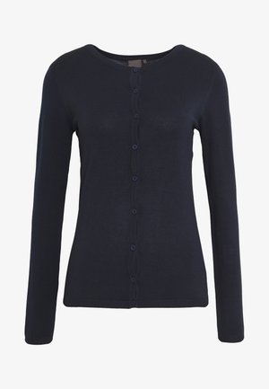 Navy blue cardigan made of soft knit material, featuring a round neckline, long sleeves, and a row of matching buttons down the front.