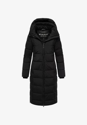 Black puffer coat with a long, fitted design, featuring a hood, zip closure, and horizontal quilted texture. Material appears smooth and insulated.