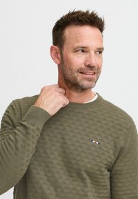 Olivengroen gebreid sweater met een gestructureerd ruitpatroon, geribde manchetten en een klein driekleurig accentlogo op de borst.