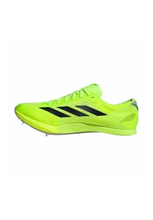 Neon green athletic shoe with black accents, textured mesh upper, low profile, and spike plate for traction.