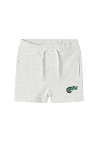 Grey cotton shorts with an elastic waistband, drawstring detail, and side pockets. Features a green crocodile logo on the left leg.