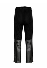 Czarne, przezroczyste spodnie z teksturowanym wykończeniem i małymi, rozsianymi ozdobami. Elastyczna talia i rozkloszowany krój. Przezroczysta dolna część.