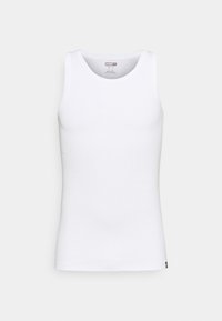 White cotton tank top with a round neckline and no sleeves. Features a smooth texture and a small logo tag at the hem.