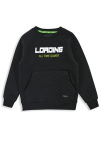 Felpa nera con texture trapuntata sulle maniche e sulla tasca. Presenta un testo bianco "LOADING" e un testo verde "ALL TIME GAMER" sul davanti.