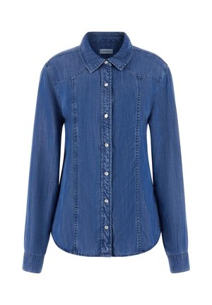 Blue denim shirt with long sleeves, button-down front, pointed collar, and vertical seams. Features silver buttons and a slightly curved hem.
