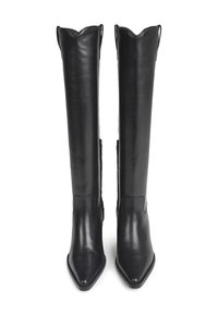 Black leather knee-high boots with a pointed toe and scalloped top edge, featuring side zippers and smooth texture.