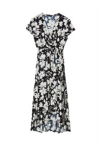 Robe portefeuille florale noire et blanche avec de courtes manches volantées et une taille élastique, présentant un décolleté en V et un ourlet asymétrique.