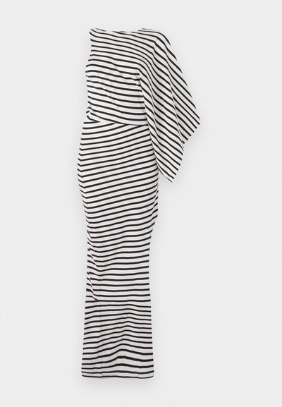 Black and white striped dress with one-shoulder design, form-fitting silhouette, and a flowing fabric texture. Features a long length.