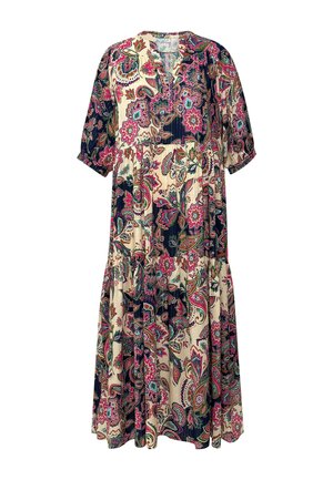 Robe mi-longue à imprimé floral avec jupe à volants, manches mi-longues et col en V, dans des tons bleu marine, rose, crème et vert.